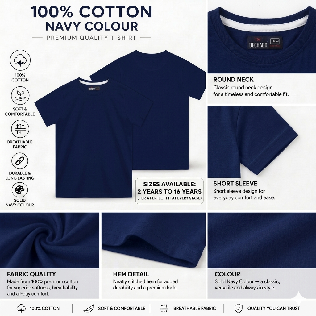 Dechado Boys Navy Blue Solid T-Shirt | 100% Cotton Round Neck Half Sleeve Casual Kids Wear Tee