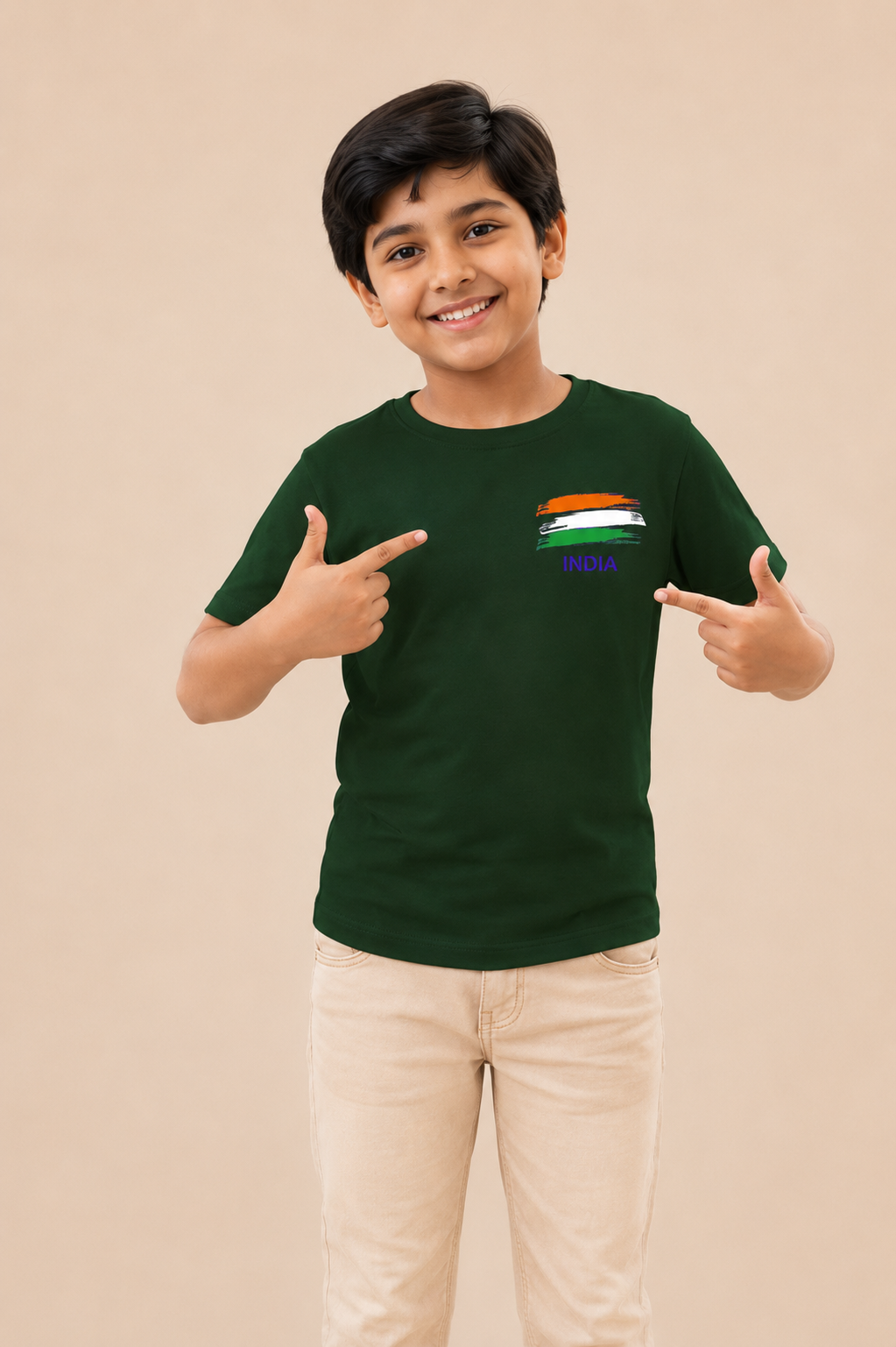 DECHADO Kids Bottle Green Cotton Flag Print T-Shirt for Independence Day & Republic Day | Ages 2-16