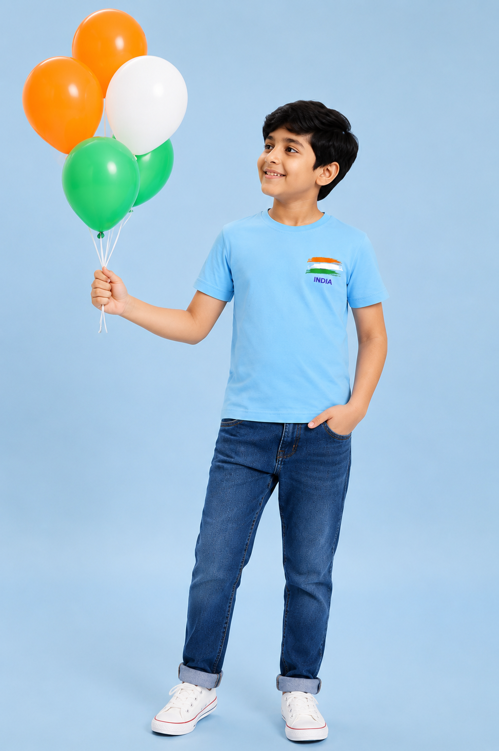Dechado Kids Sky Blue 100% Cotton Independence Day / Republic Day Flag Printed T-Shirt | Round Neck Half Sleeve | Boys & Girls (2-16 Years)