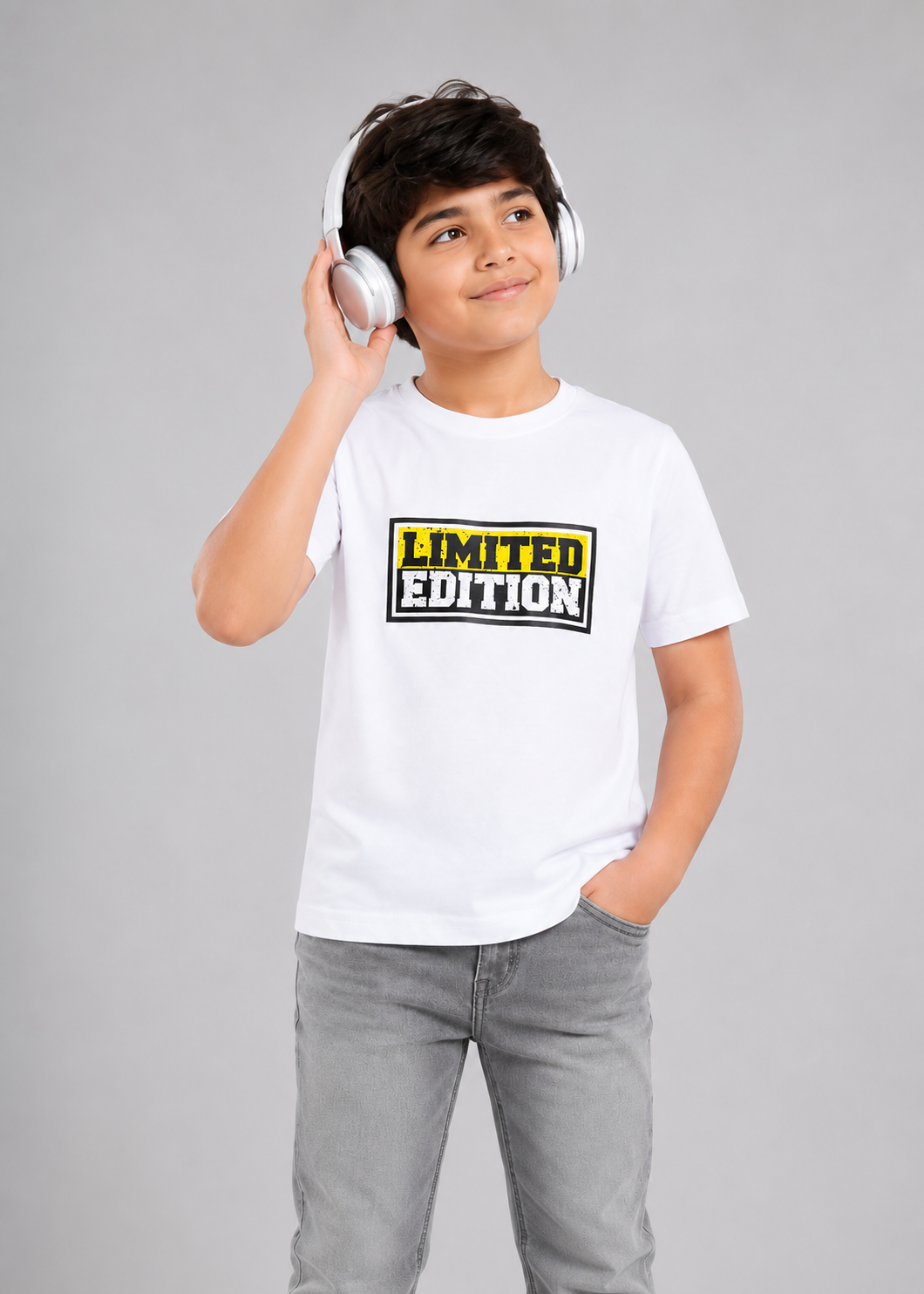 Dechado Kids White Printed Cotton T-Shirt – Round Neck Casual Wear for Boys & Girls (2-16 Years)