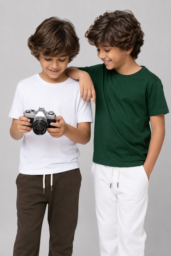 DECHADO Kids 100% Cotton Round Neck Half Sleeve T-Shirt Combo Pack of 2 (White & Bottle Green) | Soft Cotton | Boys & Girls | 2-16 Years