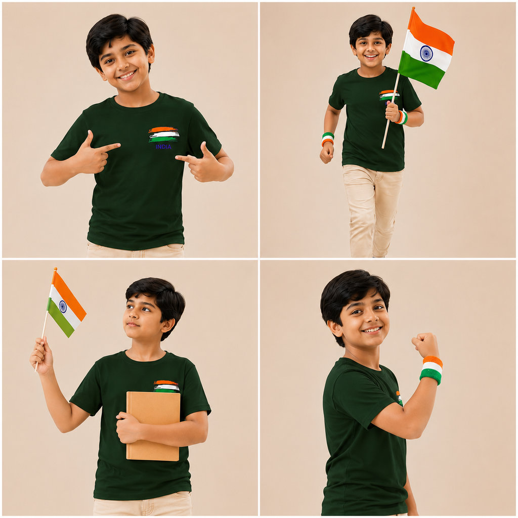 DECHADO Kids Bottle Green Cotton Flag Print T-Shirt for Independence Day & Republic Day | Ages 2-16