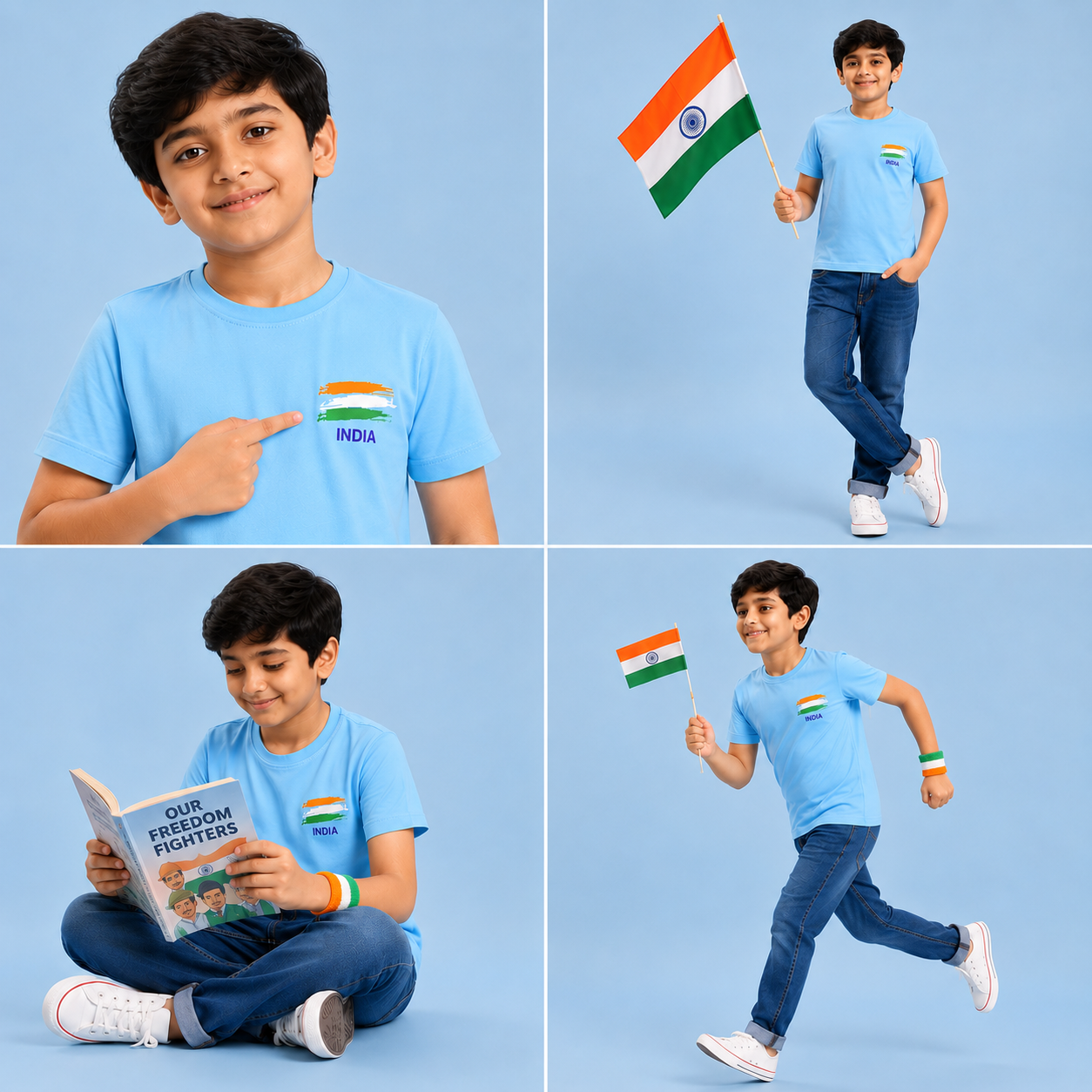 Dechado Kids Sky Blue 100% Cotton Independence Day / Republic Day Flag Printed T-Shirt | Round Neck Half Sleeve | Boys & Girls (2-16 Years)