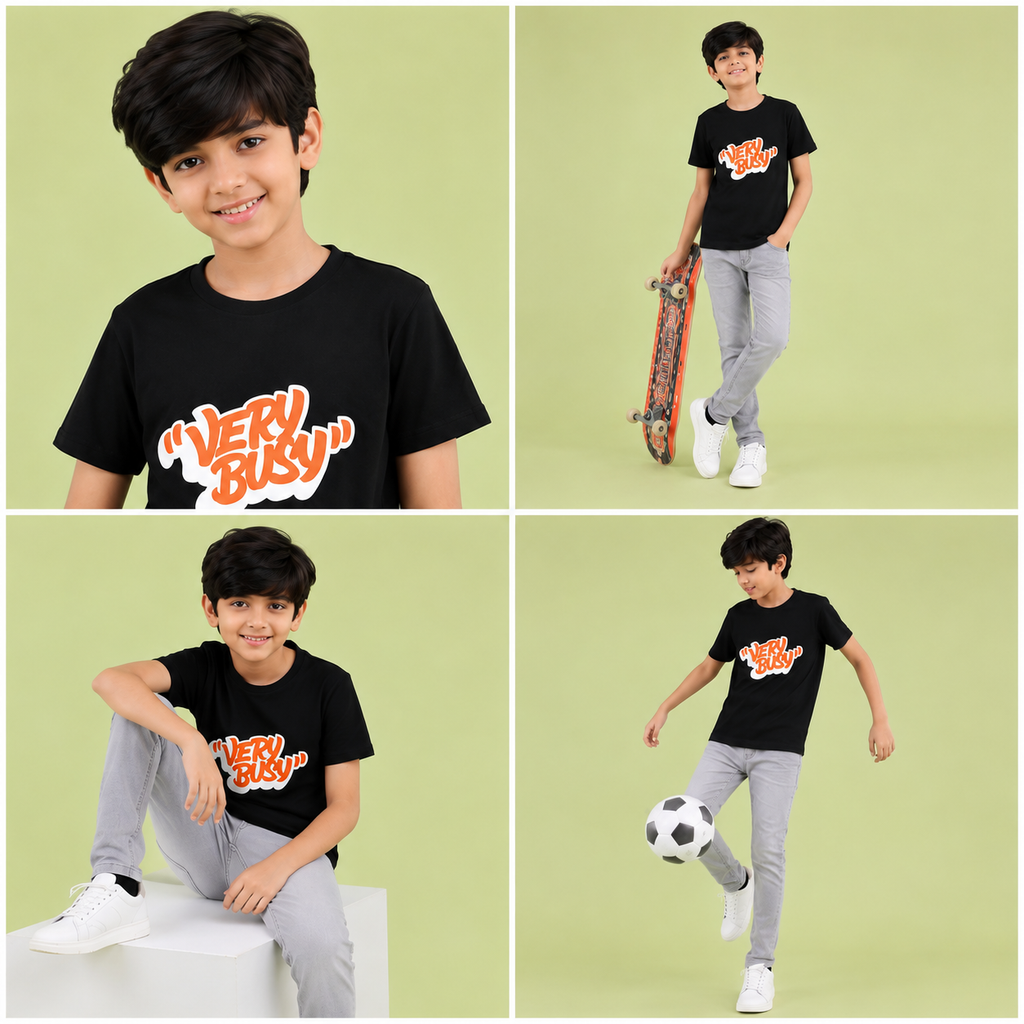 Dechado Kids Black Printed Cotton T-Shirt | Round Neck Casual Half Sleeve Tee (2-16 Years)