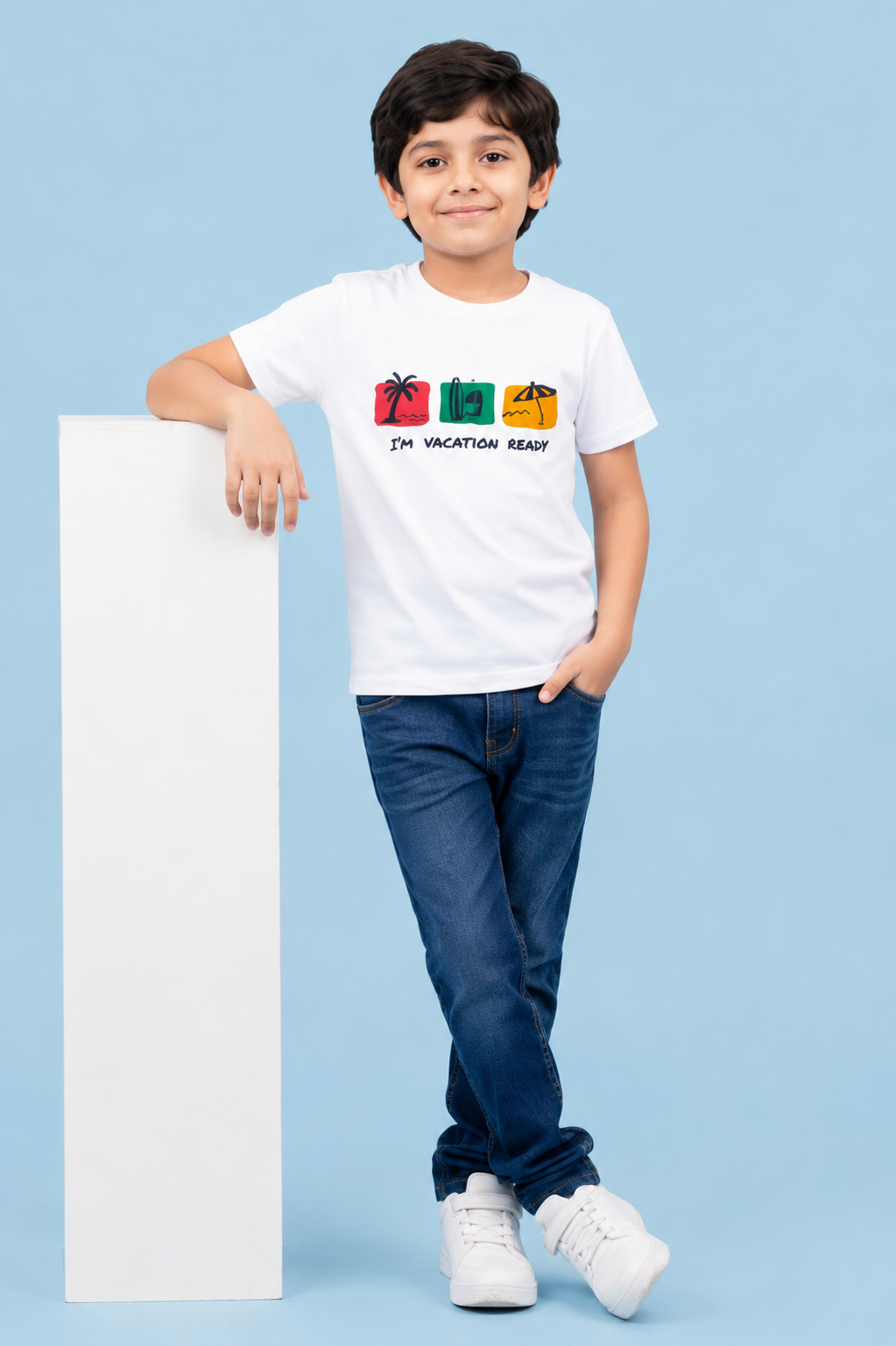 Dechado Vacation Ready Kids White Cotton T-Shirt | Half Sleeve Graphic Tee | Ages 2-16