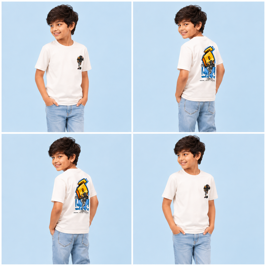 Dechado Kids Ivory 100% Cotton Graphic Printed T-Shirt | Round Neck Half Sleeve Front & Back Print | 2–16 Years