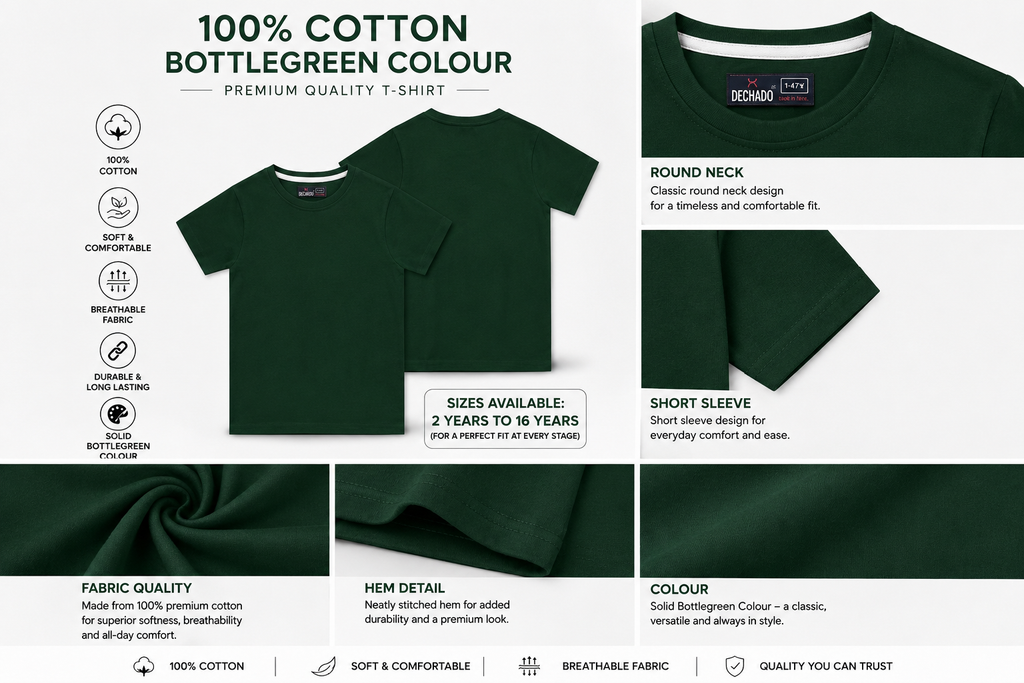 Dechado Boys Bottle Green Solid T-Shirt | 100% Cotton Round Neck Half Sleeve Casual Kids Wear