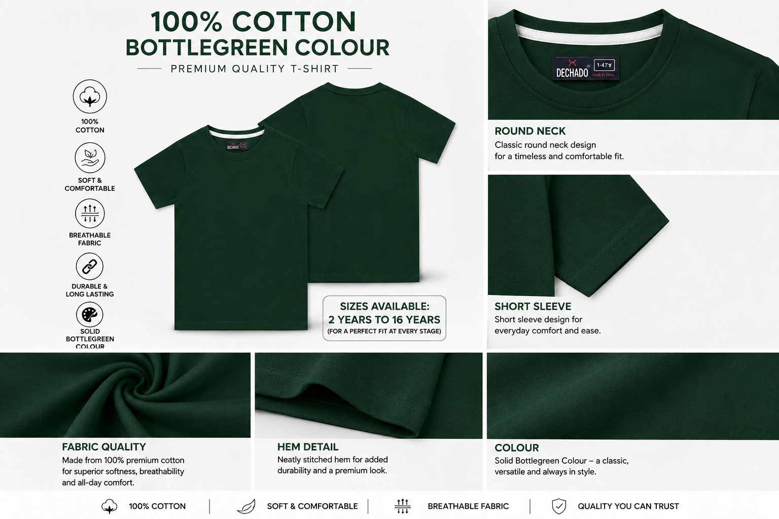 Dechado Boys Bottle Green Solid T-Shirt | 100% Cotton Round Neck Half Sleeve Casual Kids Wear