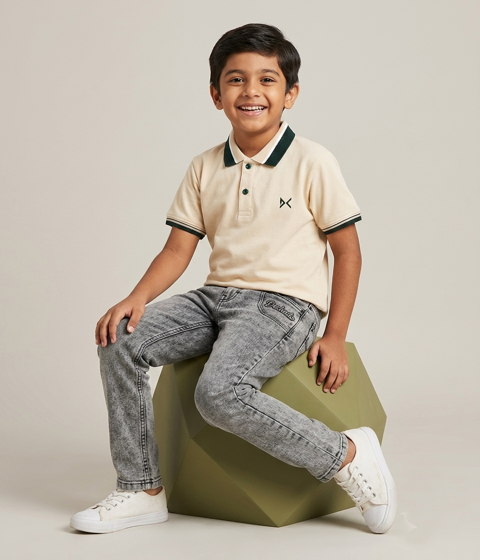 DECHADO - BOYS 100% COTTON POLO T-SHIRT - LIGHT BEIGE