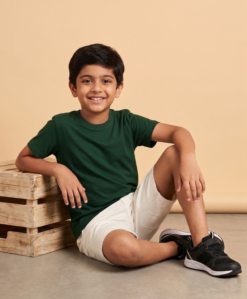 Dechado Boys Bottle Green Solid T-Shirt | 100% Cotton Round Neck Half Sleeve Casual Kids Wear