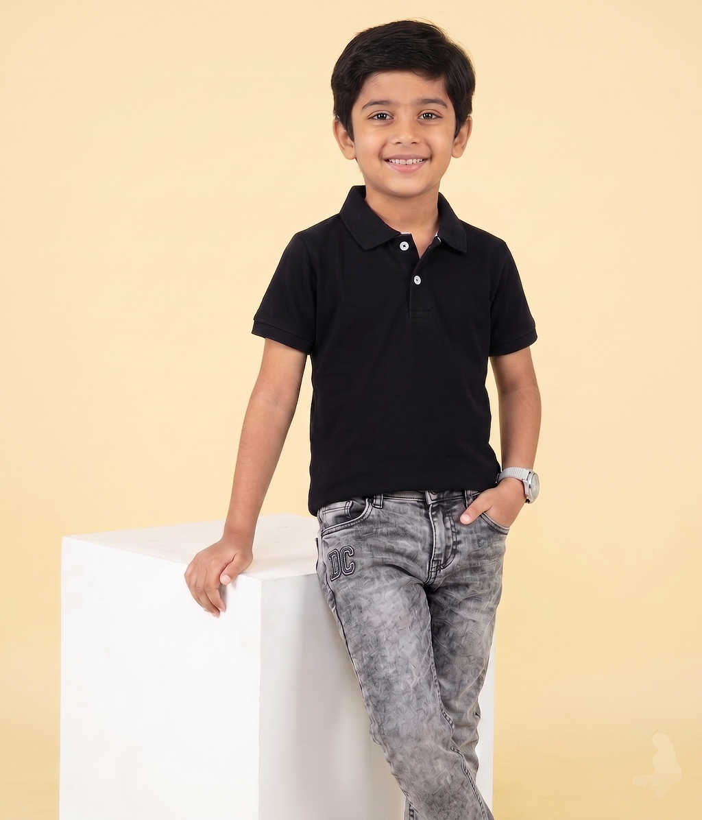 DECHADO - BOYS 100% COTTON SOLID POLO - BLACK