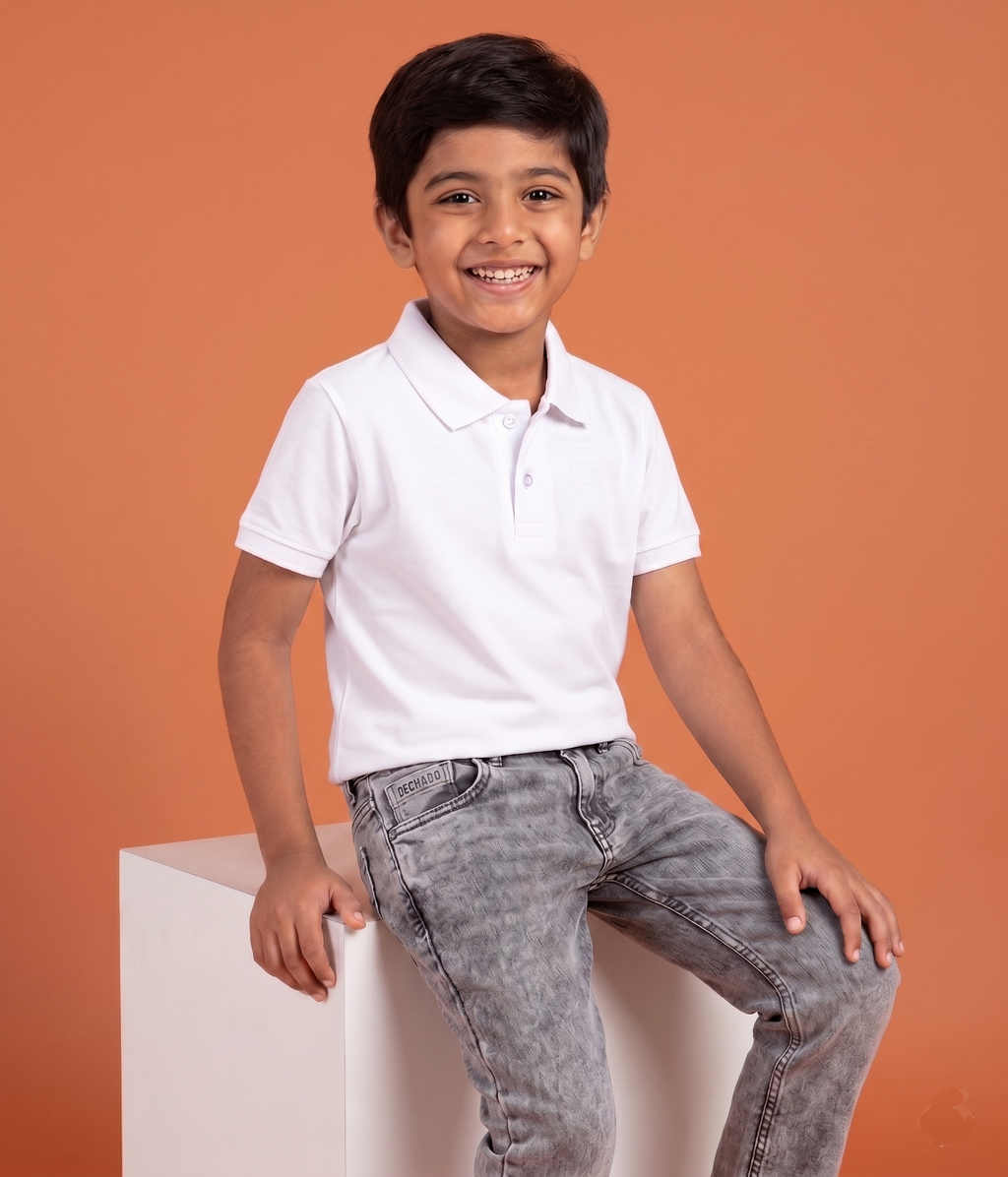 DECHADO - BOYS 100% COTTON SOLID POLO - WHITE