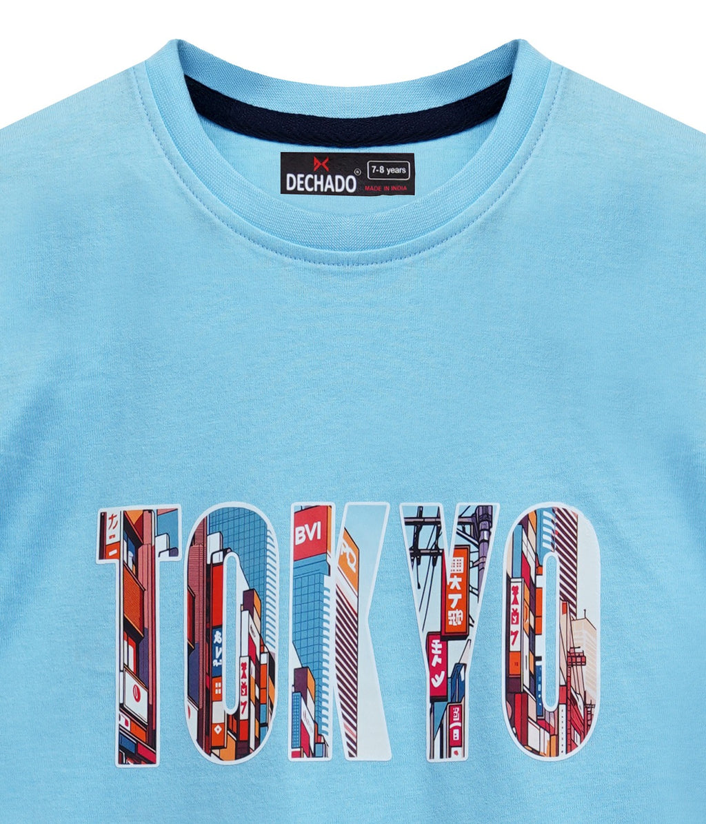 Dechado Boys Sky Blue Tokyo Printed Cotton T-Shirt | Round Neck | Half Sleeve | Casual Wear (2–16 Years)