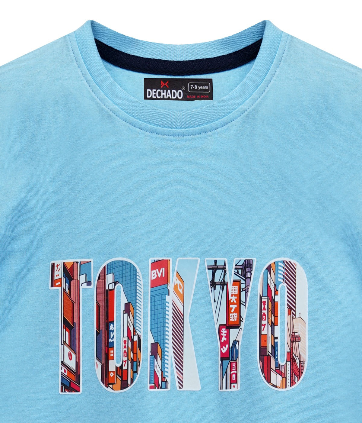 Dechado Boys Sky Blue Tokyo Printed Cotton T-Shirt | Round Neck | Half Sleeve | Casual Wear (2–16 Years)