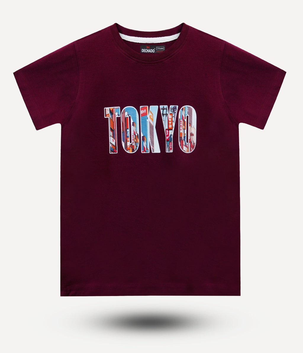 Dechado Kids 100% Cotton Round Neck Printed T-Shirt | Maroon | Short Sleeve | Tokyo Graphic Tee