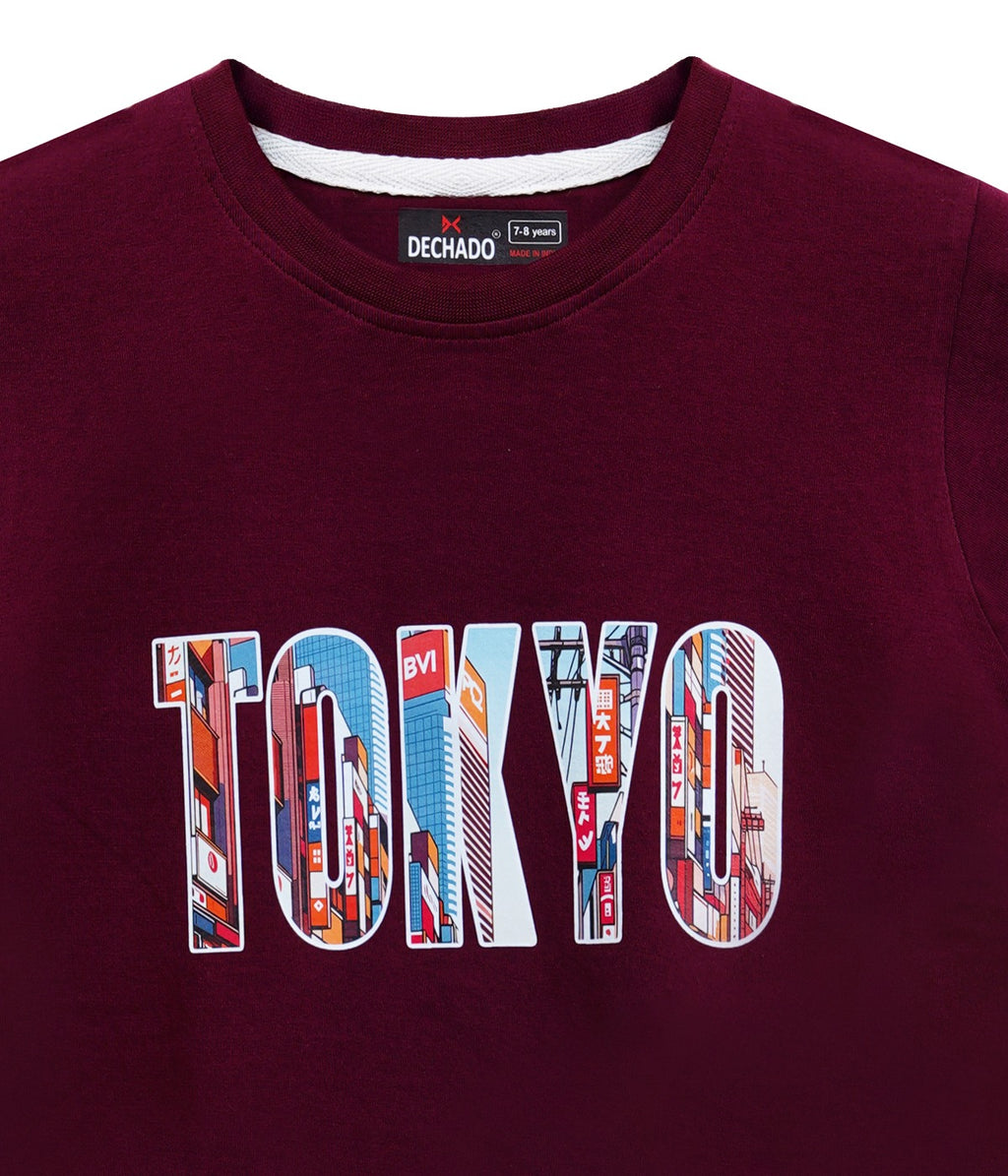 Dechado Kids 100% Cotton Round Neck Printed T-Shirt | Maroon | Short Sleeve | Tokyo Graphic Tee