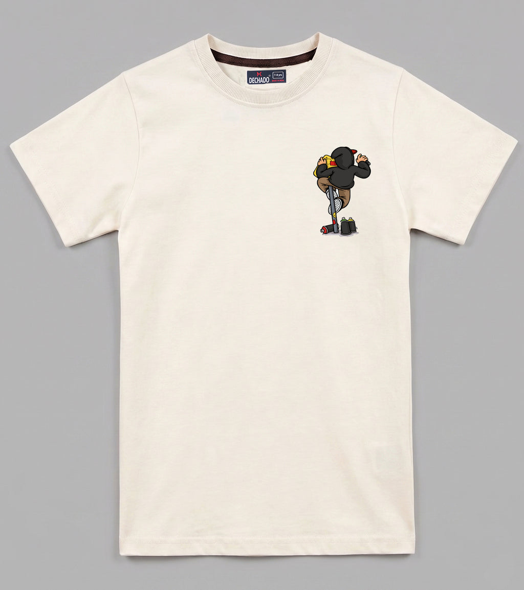Dechado Kids Ivory 100% Cotton Graphic Printed T-Shirt | Round Neck Half Sleeve Front & Back Print | 2–16 Years