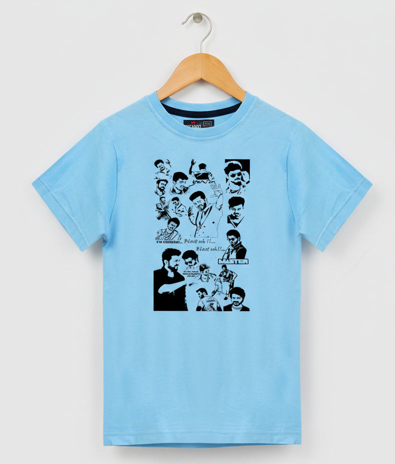 Dechado Kids Sky Blue Vijay Printed T-Shirt | 100% Cotton Round Neck Half Sleeve | 2-16 Years