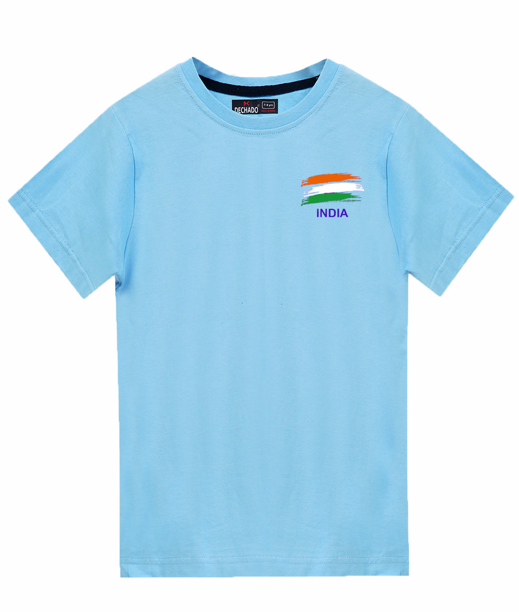 Dechado Kids Sky Blue 100% Cotton Independence Day / Republic Day Flag Printed T-Shirt | Round Neck Half Sleeve | Boys & Girls (2-16 Years)