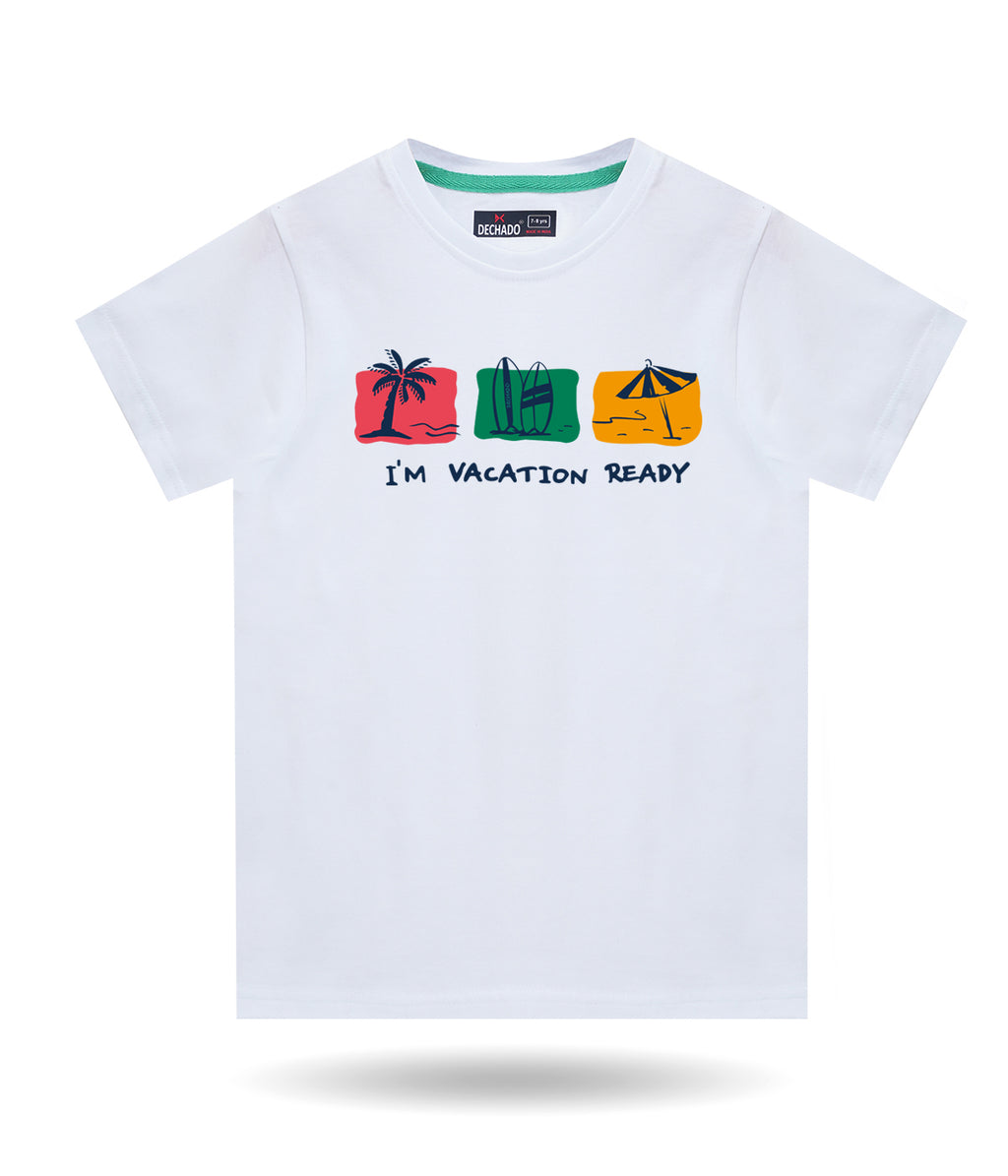 Dechado Vacation Ready Kids White Cotton T-Shirt | Half Sleeve Graphic Tee | Ages 2-16