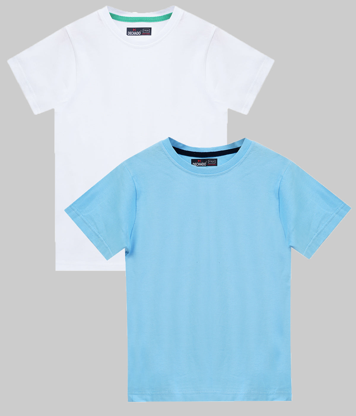 DECHADO Kids 100% Cotton Round Neck Half Sleeve T-Shirt Combo Pack of 2 - White & Sky Blue | Ages 2-16 Years